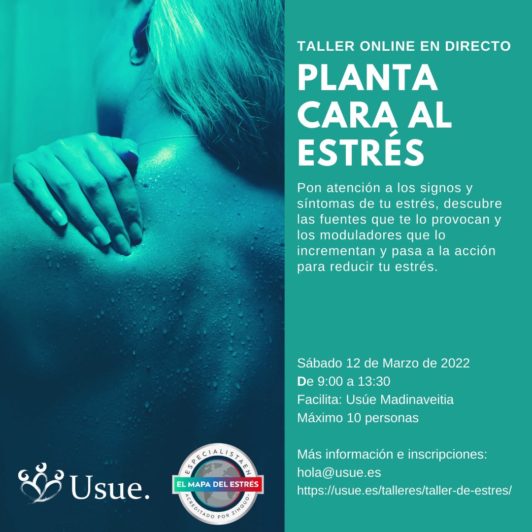 El 12 de marzo de 9:00 a 13:30 impartiré el taller online Planta cara el estrés en el que podrás elaborar el mapa de tu estrés, que es el primer paso para empezar a gestionarlo. 
Si te sientes estresada/o, no dejes pasar esta oportunidad.
usue.es/talleres/talle… #taller #estres