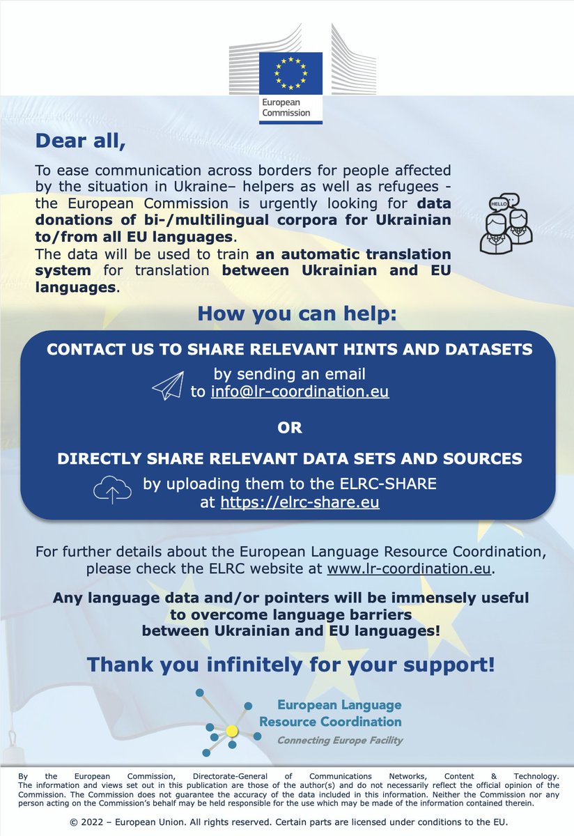 .<a href="/LR_Coordination/">LR Coordination</a> launches urgent plea for language data to support cross-border communication for refugees in the Ukraine crisis. 

Seeking data donations of bi- and/or multilingual corpora for #Ukrainian to train an easily accessible, free and fast automatic translation system.