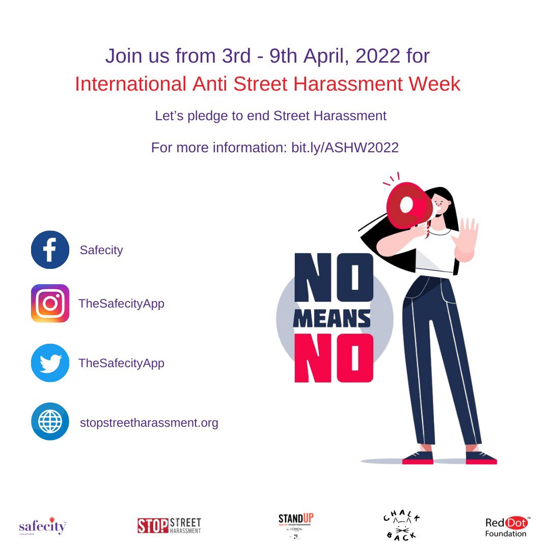Red Dot Foundation is a co-host of International Anti Street Harassment Week 2022!

The countdown to reclaiming the streets has begun!

Join our week of action. Register here: bit.ly/ASHW2022

#Antistreetharassment #GCaSH #IWD2022 #reddotfoundation #safecity