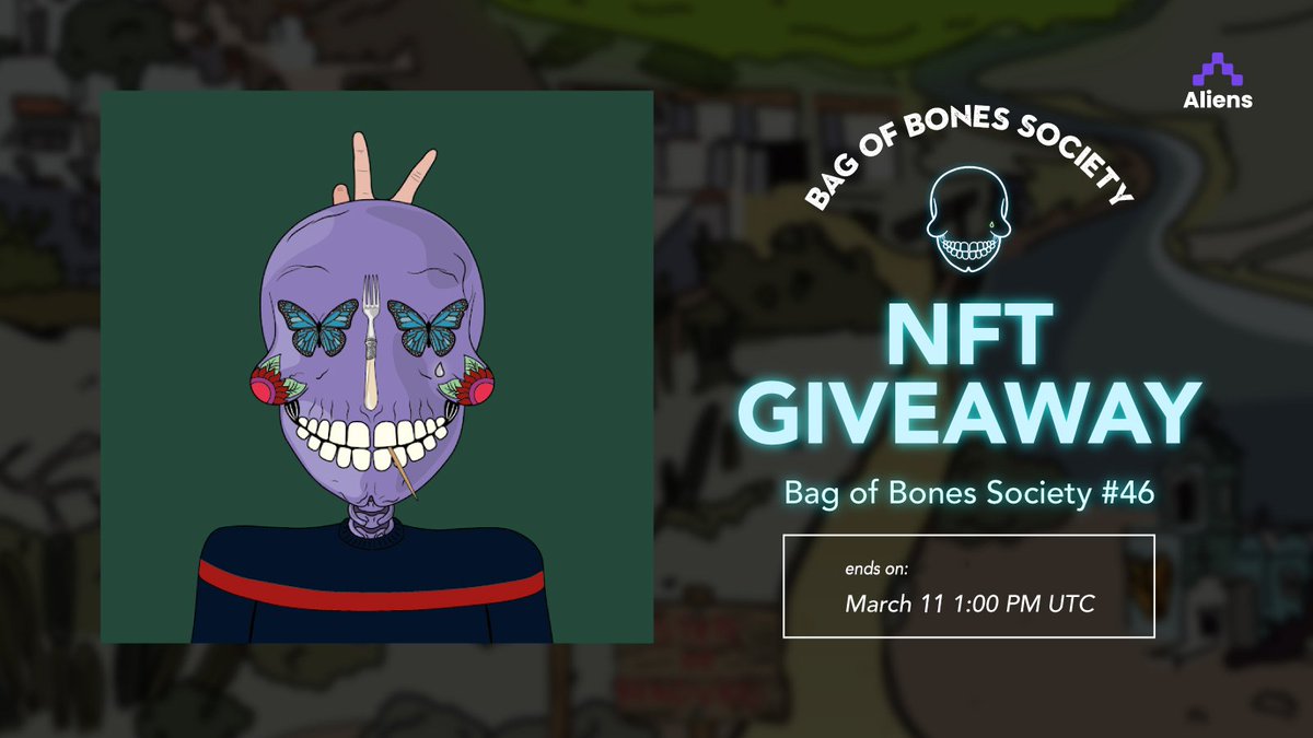 aliensapp's tweet photo. 🔥 GIVEAWAY ALERT: 

Love Mexican calavera? Join us and get the chance to win the rare @BagOfBonesSoc #46! How?

1. Download Aliens (link in bio)
2. Tap participate on the giveaway tab
3. Follow the steps there

Good luck! 🤙🏻 #NFTGiveaways https://t.co/s2sJkZ5v2R