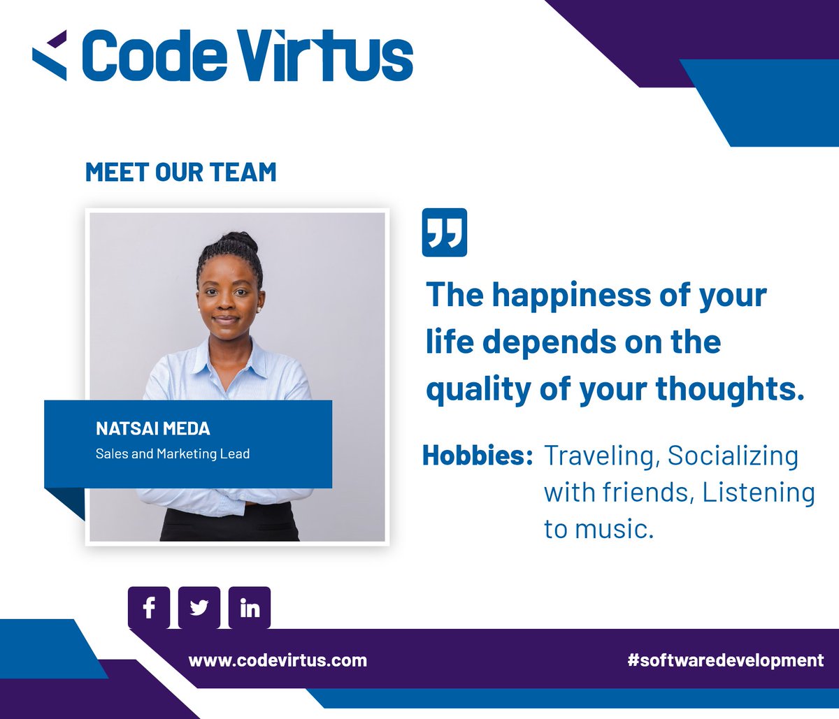 CodeVirtusZW's tweet photo. Meet Natsai Meda our Sales and Marketing Lead
#meettheteam
#fridayvibes
#codevirtus https://t.co/AF7NedpeRG