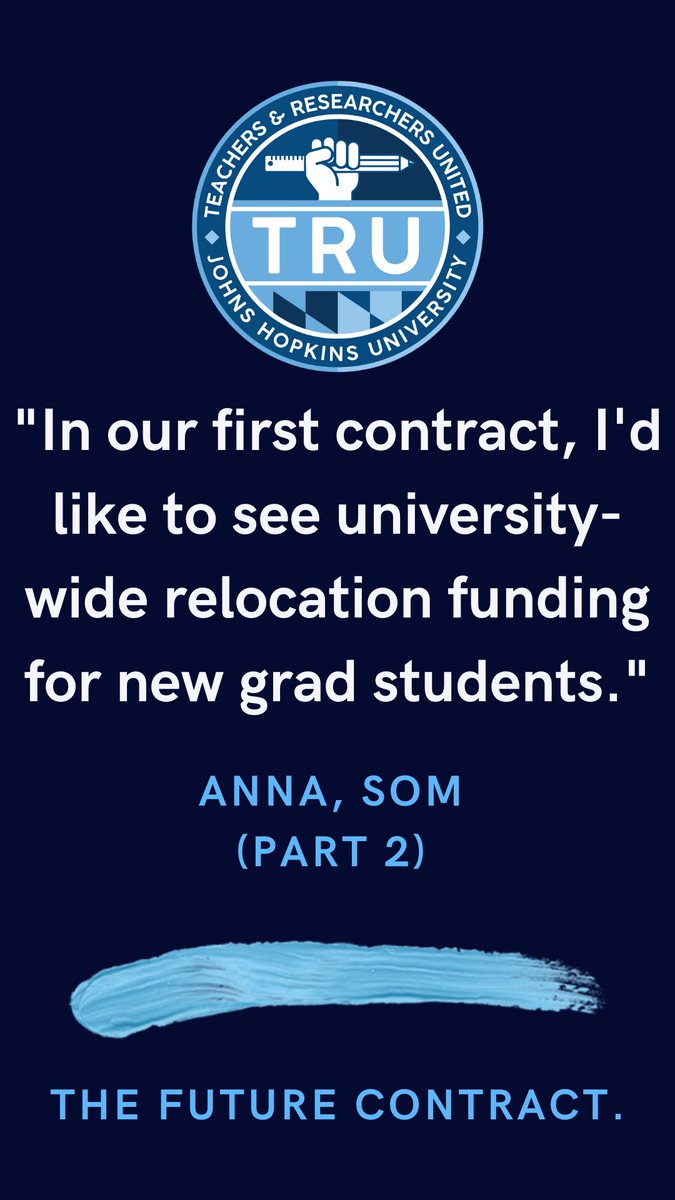 TRUhopkins's tweet photo. Next up for #FutureContract we have the awaited part II of Anna's asks! Relocation funding is a significant chunk of a grad worker's savings, esp when those first paychecks don't come in on time (which happens far too often at JHU) https://t.co/sqmjKgDnbX
