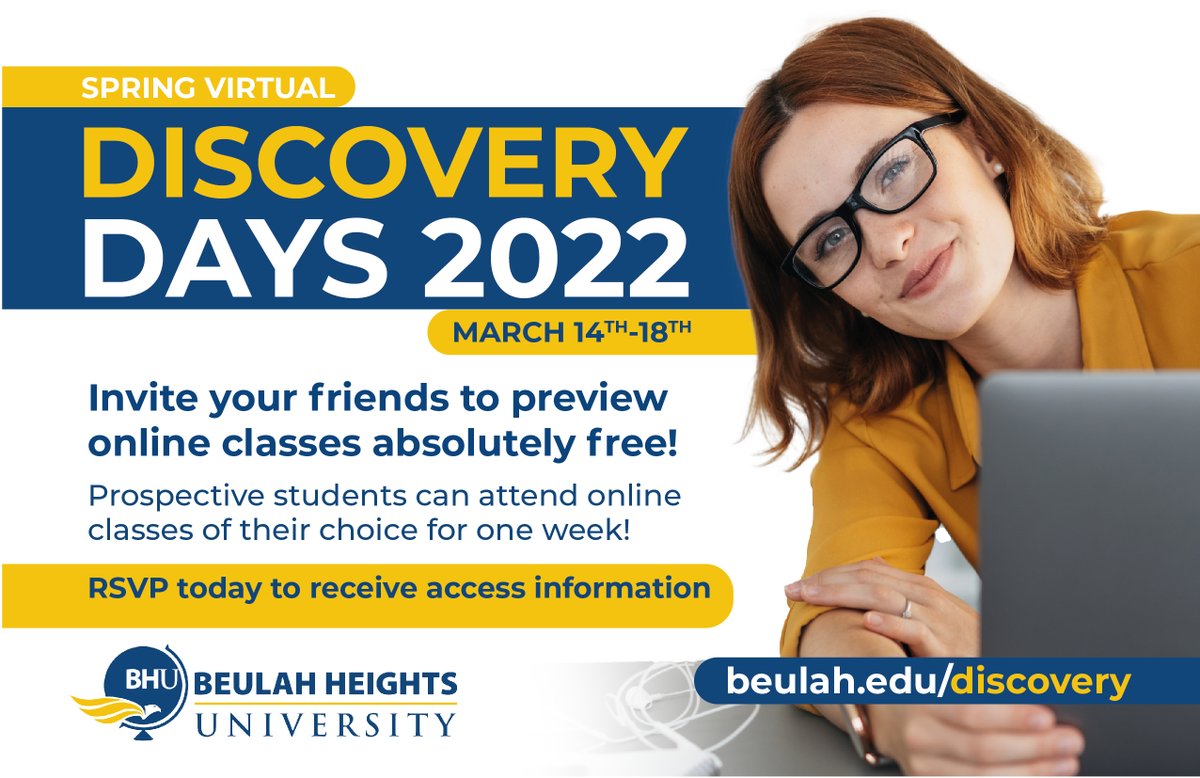 Invite family and friends to sit in a class virtually for FREE all next week. 
To RSVP, beulah.edu/discovery or call 404-627-2681 or email recruitment@beulah.edu.

#DiscoveryDays #GlobalLeaders  #collegelife #university #studentlife #bhustrong