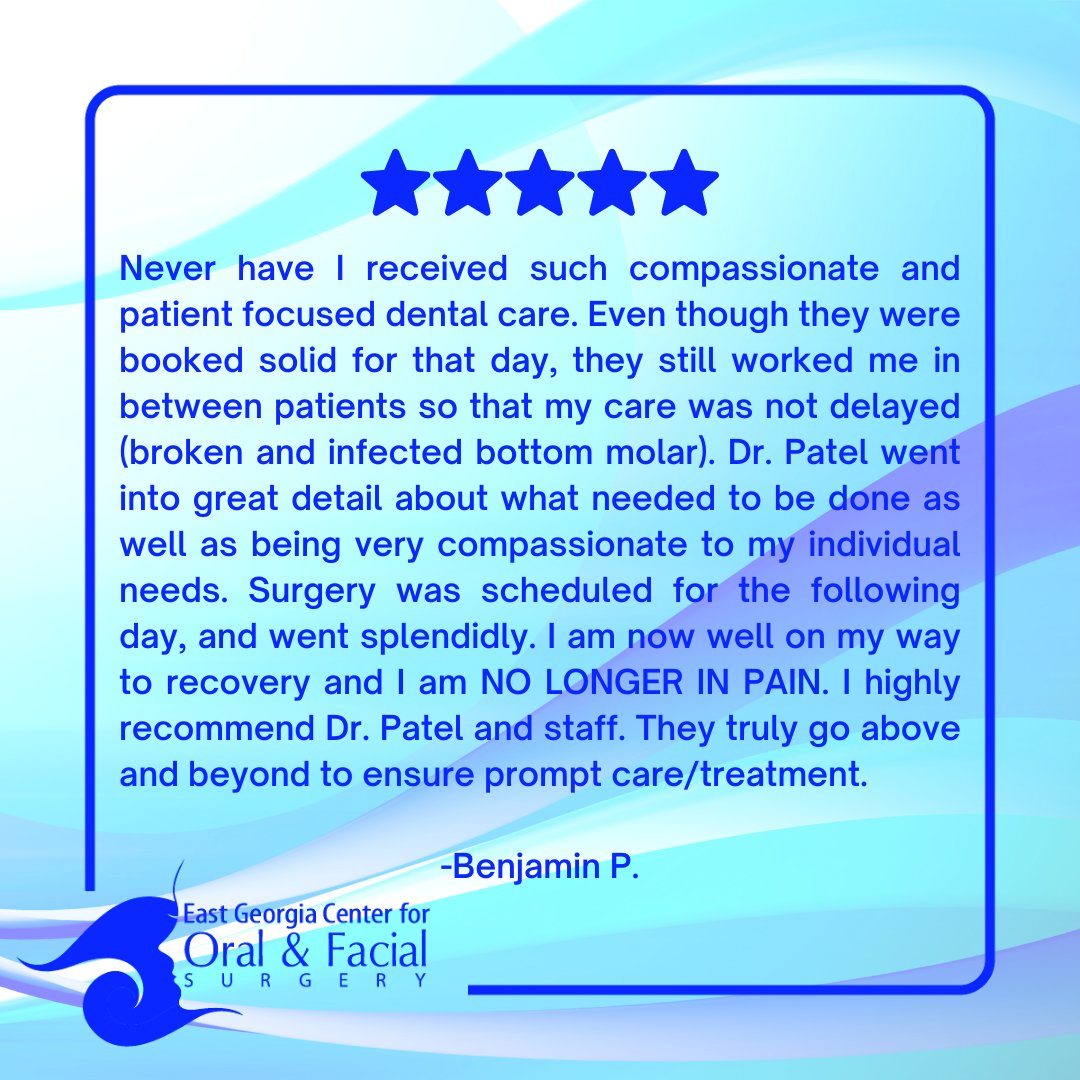 EGaOralSurgery's tweet photo. ⭐⭐⭐⭐⭐
"...Never have I received such compassionate and patient focused dental care..."

Thank you, Benjamin. Our doctors and staff strive to offer professional and compassionate care to all our patients. We work hard to ensure each of you are comfortable and the care we  ... https://t.co/fNAFdukZTB