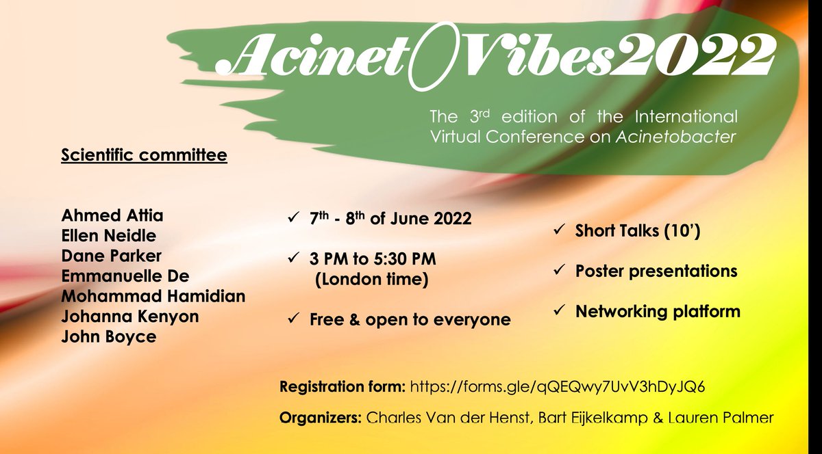 CVanderHenst1's tweet photo. Very happy that the third edition of AcinetoVibes will take place this year (7-8 June). This free online conference is open to everyone, Acinetobacter experts and non-experts. Registration: https://t.co/V6xGO4s14S Looking forward to welcoming you to AcinetoVibes2022 ! https://t.co/yTmvDawjtS
