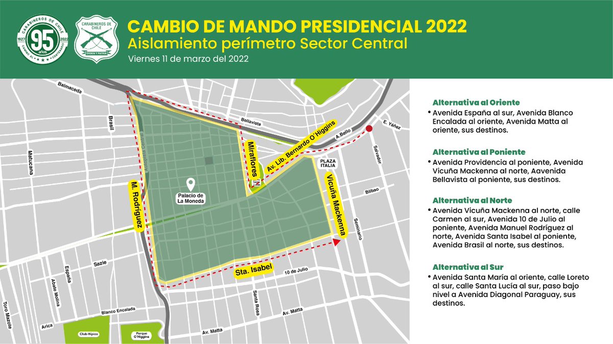 TTISantiago's tweet photo. ATENCIÓN a la situación de tránsito este viernes 11/03: Por cambio de mando presidencial, el perímetro céntrico de Stgo tendrá tránsito restringido al interior del anillo de Av. Manuel Rodriguez, Sta Isabel, Vicuña Mackenna, Alameda, Miraflores, Cardenal Caro y Balmaceda. https://t.co/aCTo5JmOYm