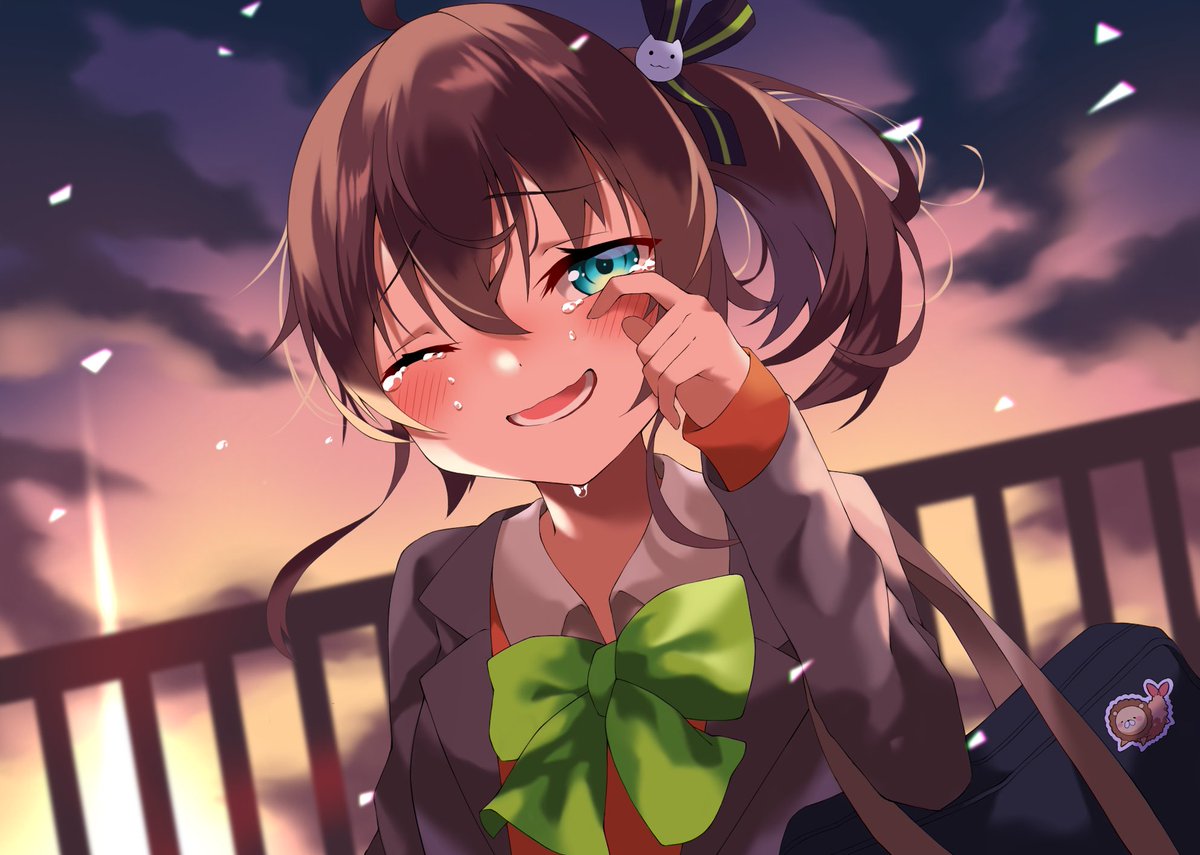 natsuiro matsuri 1girl brown hair solo crying one eye closed tears bow  illustration images