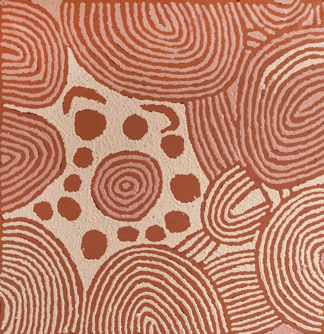 This painting by Nancy Ross Nungurrayi depicts designs associated with the rock hole and soakage water site of Nagminya, in Western Australia.

The story goes that a group of women came from the west and made camp at this site. They gathered the edible berries known as kampurarrp