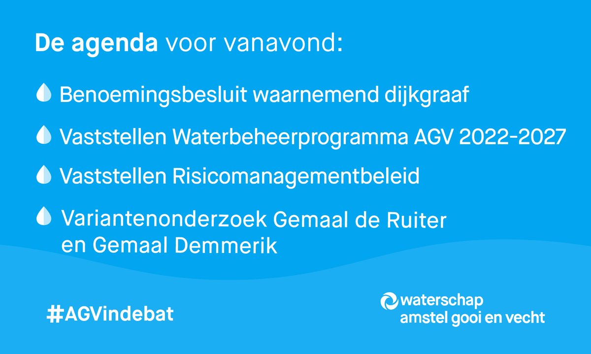 Vanavond komt het algemeen bestuur van <a href="/waterschapagv/">Waterschap AGV</a> voor het eerst in lange tijd weer fysiek bijeen! |  #AGVinDebat

Wil je de vergadering live meekijken vanaf 20:00 uur? 
📽️👉 bit.ly/AGV_live

Er staat veel onderwerpen op de agenda, waaronder 👇