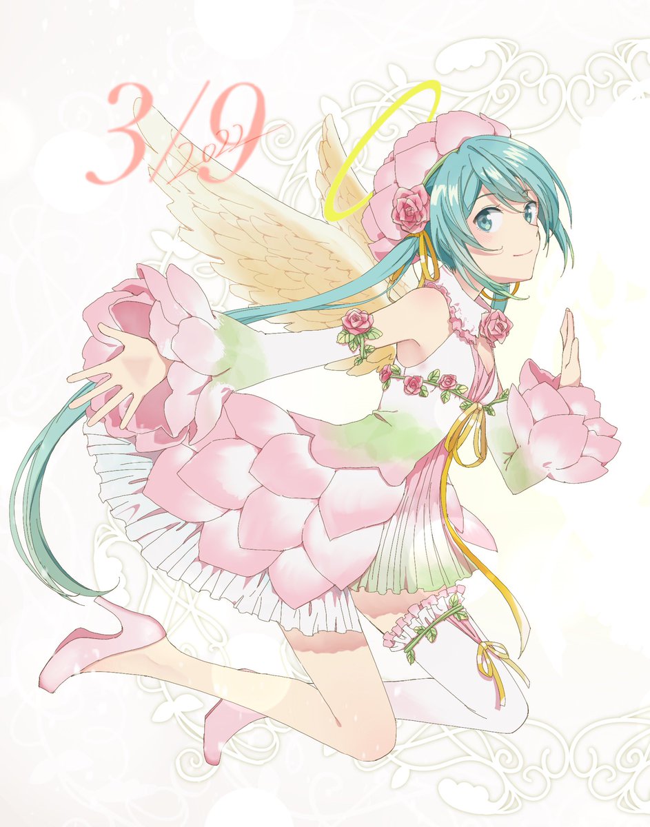 初音ミク 「今年も描けて嬉しい👼ミクサンマジテンシ!
#ミクの日に手を繋ごう企画2022
」|安夏（やすなつ）のイラスト