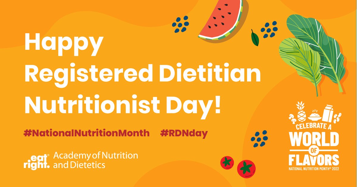 Today is Registered #Dietitian Nutritionist Day! 🥳🎊🎉

To celebrate, learn how RDNs contribute their food and #nutrition expertise in a wide variety of settings throughout the community: sm.eatright.org/findanRDN

#NationalNutritionMonth #RDNday