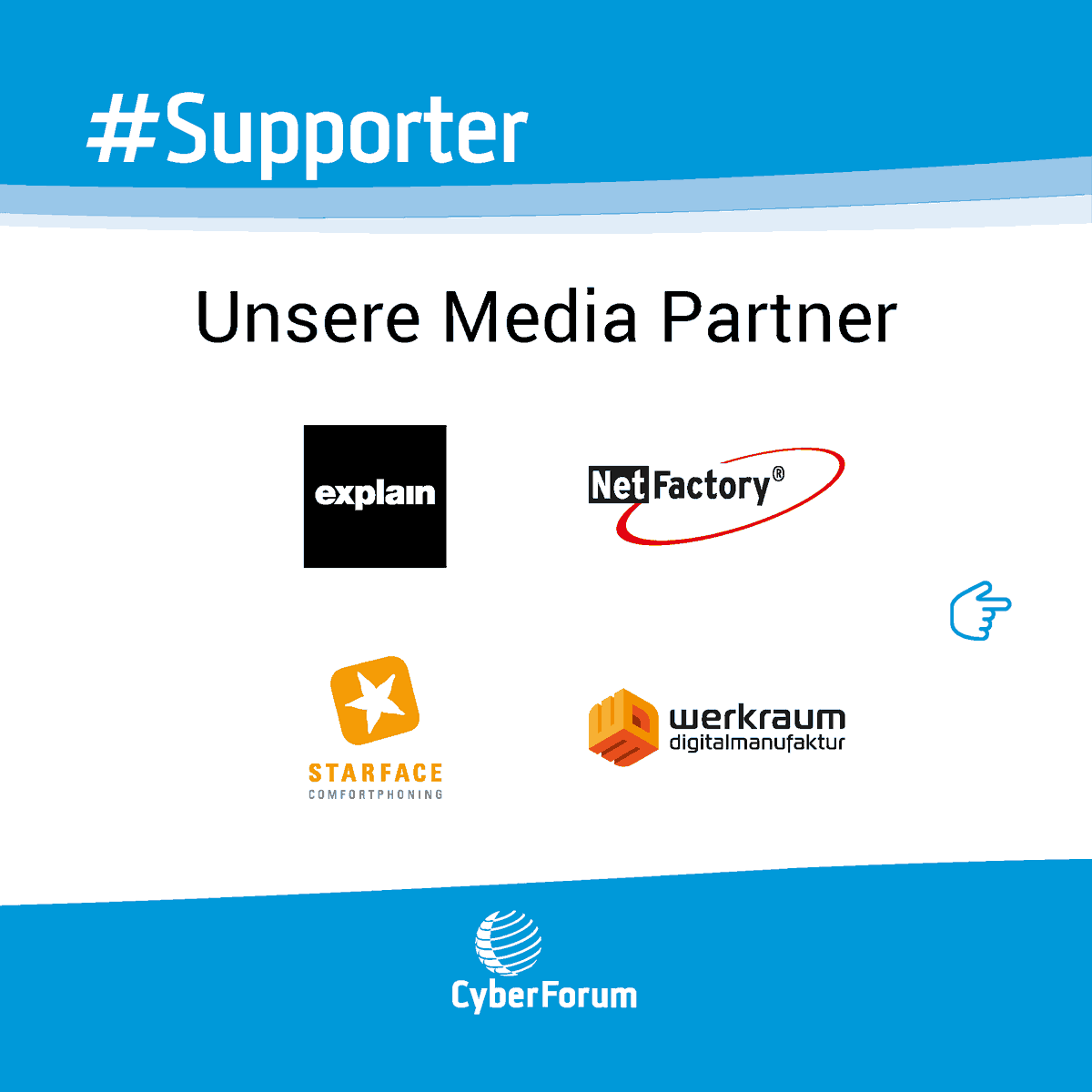 CyberForum's tweet photo. Heute sagen wir unseren Media Partnern #DANKE!
Sie ermöglichen es uns, in der besten Art und Weise für unser Netzwerk da zu sein.
@EXPLAIN_CREW, #NetFactory, #Starface, @werkraum_typo3
#Support https://t.co/vrhIEm4KNQ