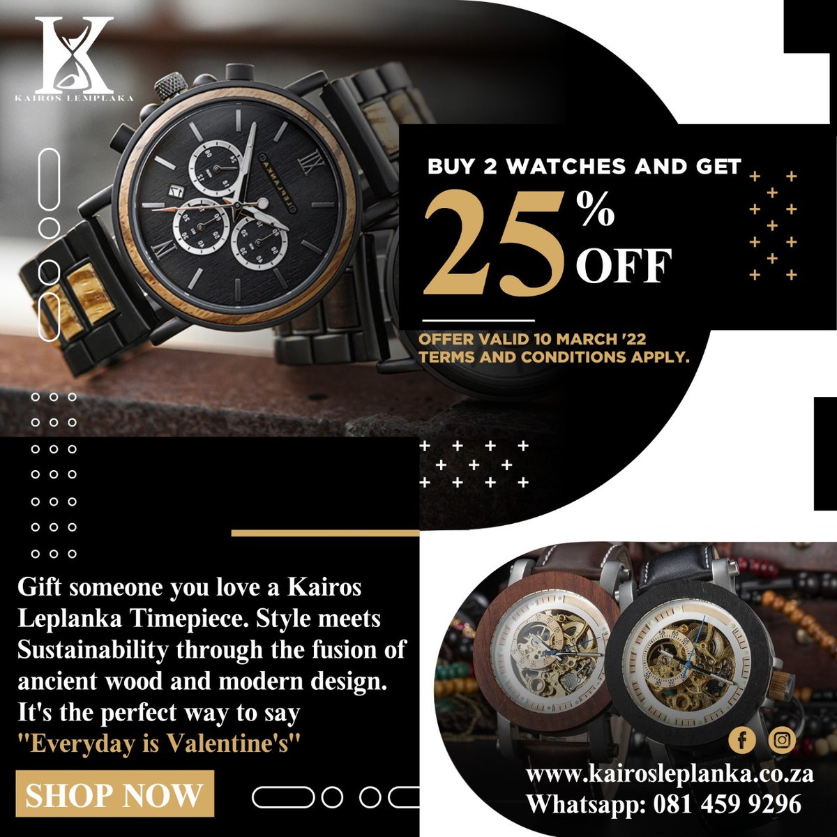 Yfm's tweet photo. The time to own a Kairos Leplanka piece is now! ⌚ Handcrafted with ancient sustainable wood, steel and 100% genuine leather!

Take advantage of 25% off any two watches for you and your partner until the 10 March. 

Order your piece today 👉 https://t.co/GziKl9joIM
#ThePutOn https://t.co/T4pbehAAeL