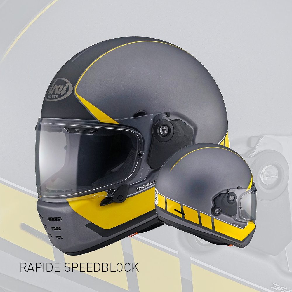 The Speedblock is designed by 360 Concepts, a well known designer in the custom scene. The design features speedblocks along the side of the helmet and a racing stripes-esque band from front to back transitioning into the base colour. #WhyArai