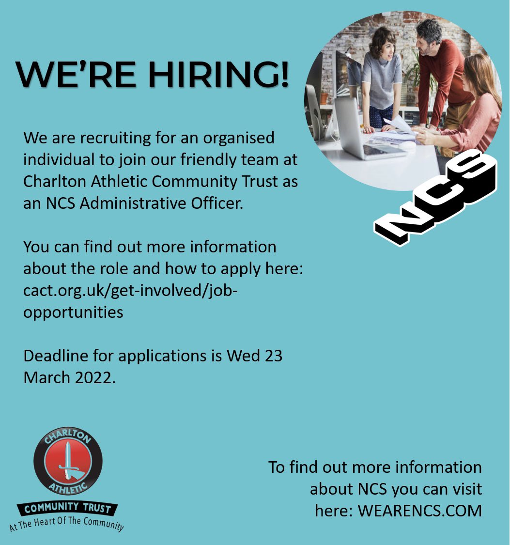 CACT_SAP's tweet photo. WE’RE HIRING! 💻

If you are a friendly and organised individual and are looking for a new and exciting role. We are hiring for an NCS Administrative Officer to join us at @CAFCTrust 

To find out more about the role head to https://t.co/n2KvgCSumY

Deadline is Wed 23 March 2022 https://t.co/VzWBX3CyiL