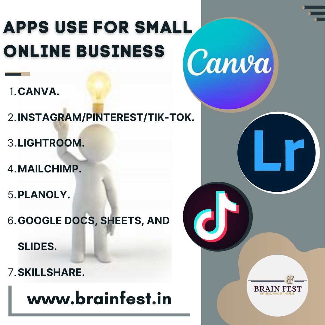 wethebrainfest's tweet photo. Apps for small online businesses #business #canva #lightroom #mailchimp #google #docs #CanvaPro #googleslides #instagram #facebook #Pinterest https://t.co/r4xdOu44Un