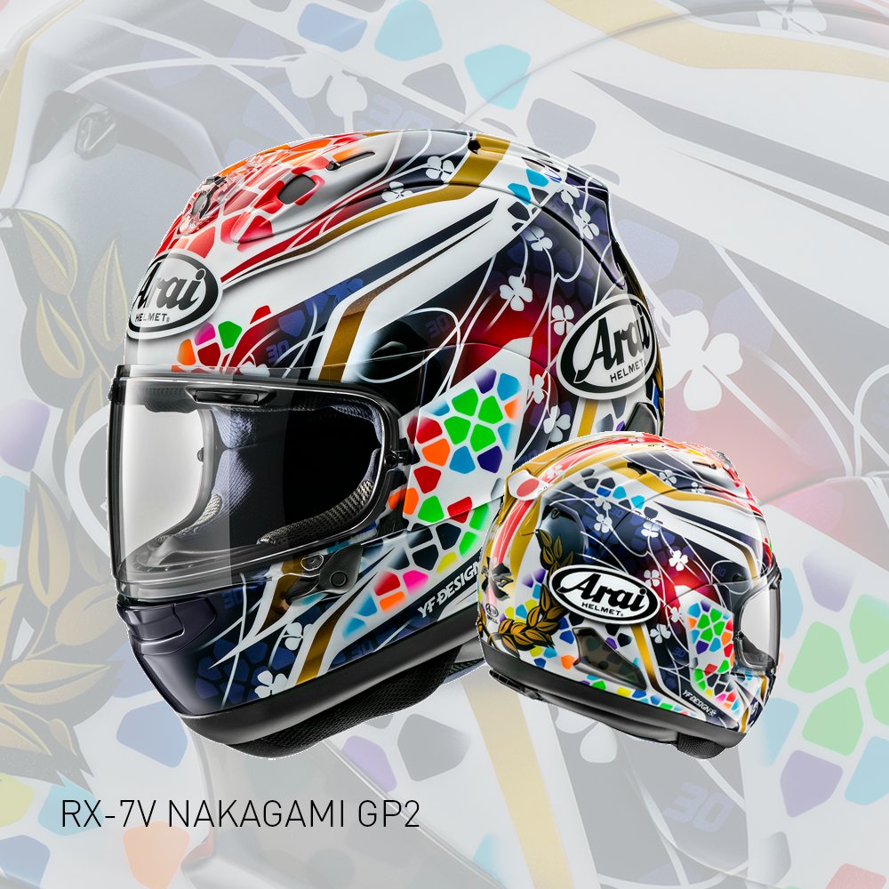 The RX-7V Nakagami-GP2 a design made for MotoGP rider Takaaki Nakagami. Designed by famous designer YF Design, the RX-7V Nakagami-GP2 moves away from the well-known winged design to a colourfully decorated design based on the one-off special from last year's Japanese GP. #WhyArai