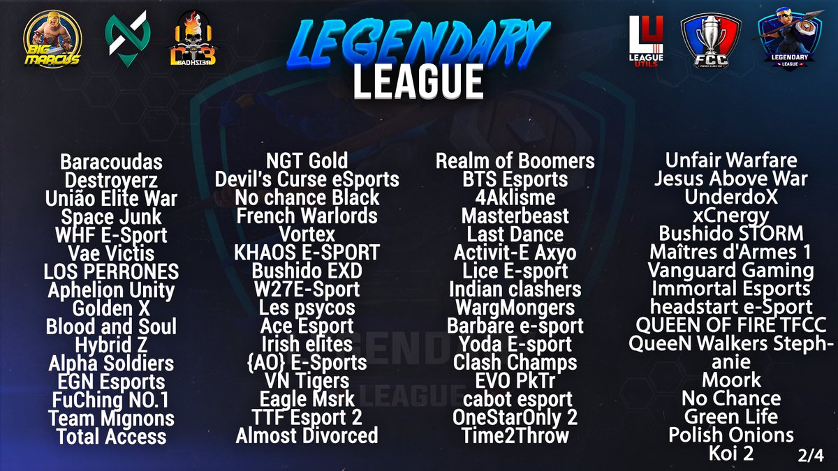FrenchCup's tweet photo. 🇫🇷 Nous sommes fiers de vous présenter la liste des équipes retenues pour la #LegendaryLeague ! Félicitations à eux !👏
🇬🇧 We are proud to announce you the selected teams in #LegendaryLeague ! Congratulations to them!👏
#ClashOfClans | #ClashEsports https://t.co/BxeREJSjEU