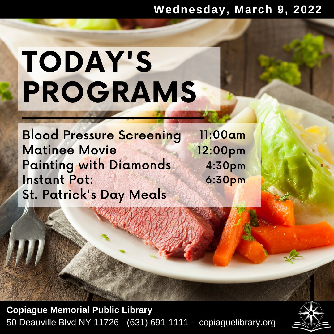 CopiagueLibrary's tweet image. Don&apos;t miss today&apos;s programs!
copiaguelibrary.org

#copiaguelibraryprograms #Copiaguekids #stpatricksdayfood #CopiagueNY #paintwithdiamonds #movies #hypertensionscreening  #Copiaguelibrary