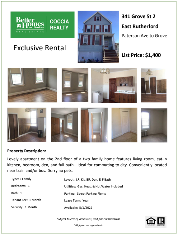 CocciaRealty's tweet photo. Exclusive Rental - 1 Bedroom!

341 Grove St #2, East Rutherford, NJ
1 Bedroom Rental for $1,400
Listed by Maria Bonsignore, Call 917-364-4944

Gas, Heat, and Hot water are included. No Pets. 

#CocciaRealty #RealEstate #NJ #EastRutherford #Rental https://t.co/pfsgDgmM97