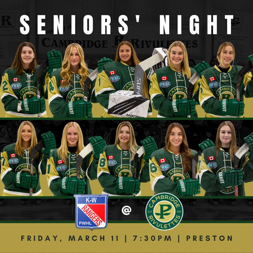 Join us this Friday as we celebrate our graduating seniors! The @KWRangersPWHL will be in town for a 7:30 match up at Preston.

#gorivsgo #rivs #seniorsnight #graduatingplayers #oncearivalwaysariv #preston #cambridge #cbridge <a href="/CrGHA/">roadrunners</a>
