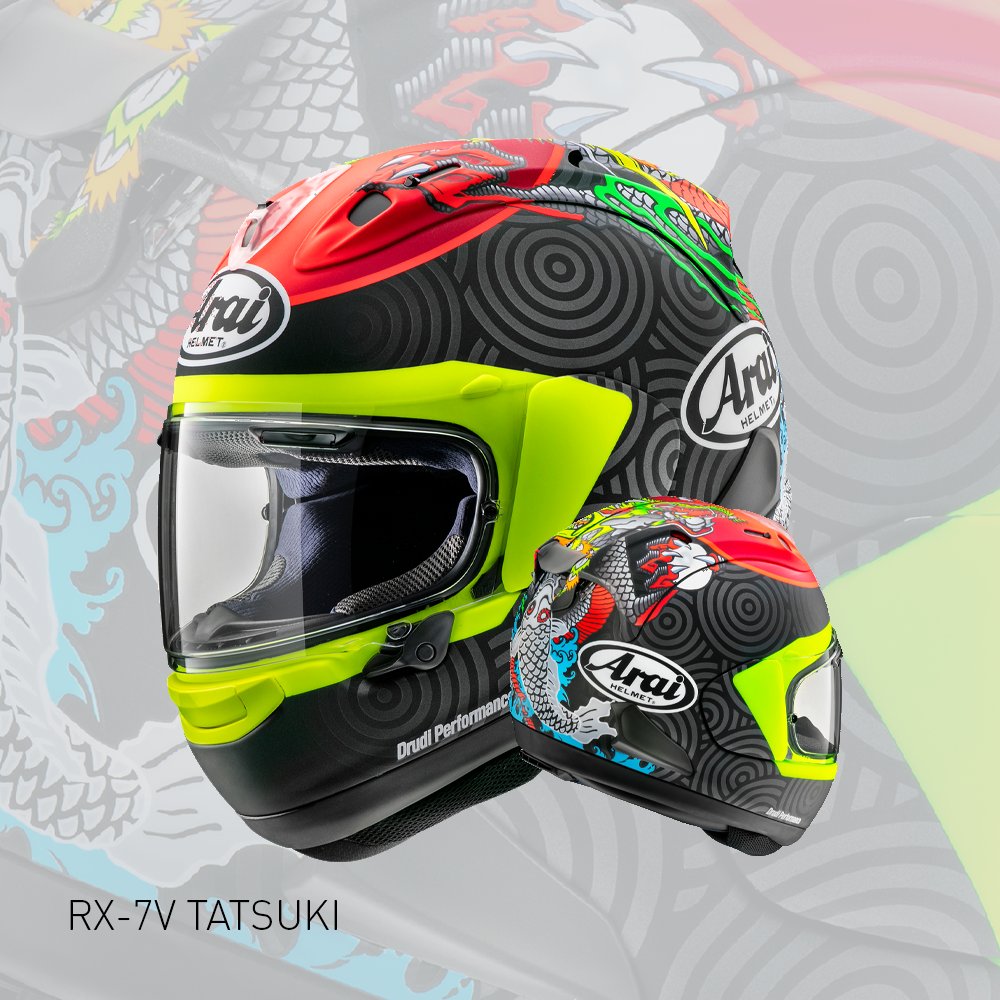 The RX-7V Tatsuki; a design made for Moto3 rider Tatsuki Suzki. Designed by legendary designer Aldo Drudi, the RX-7V Tatsuki is a vibrant design featuring a dragon and famous koi fish on top of a pattern reminiscent of classical Japanese prints. #WhyArai