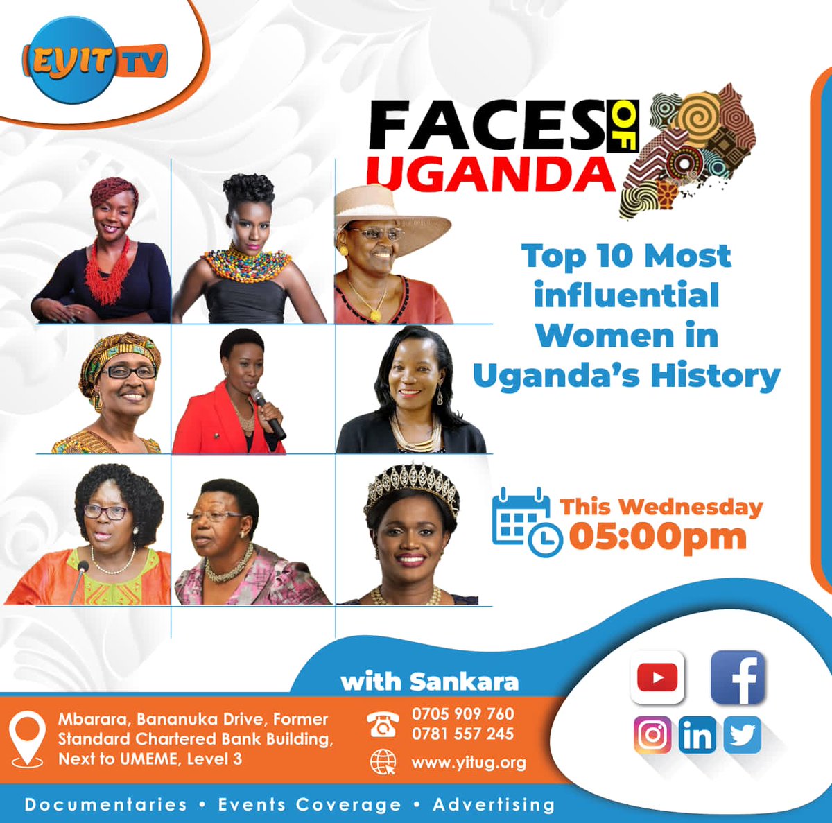 EYIT_TV's tweet photo. Who makes it to your list? | Comment with their name
We'll list these 'Top 10 Most Influential Females' of the land, later today, 5:00PM on #FacesOfUganda
#IWD2022 https://t.co/AdkxPRa0On