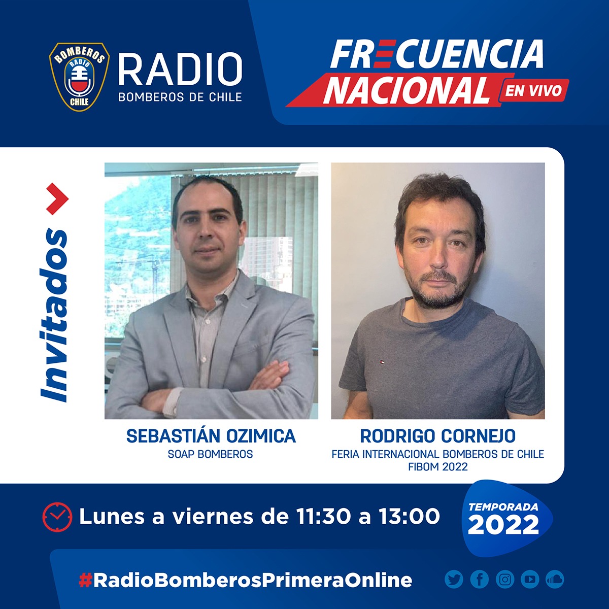 BomberosdeChile's tweet photo. De 11:30 a 13:00 horas no te pierdas "Frecuencia Nacional" en @Radio_bomberos Hoy hablaremos con Sebastián Ozimica de @SoapBomberos y con Rodrigo Cornejo de #FIBOM 📻 Escúchanos aquí https://t.co/1fV9PjC3F4 https://t.co/9u0jLRDMin