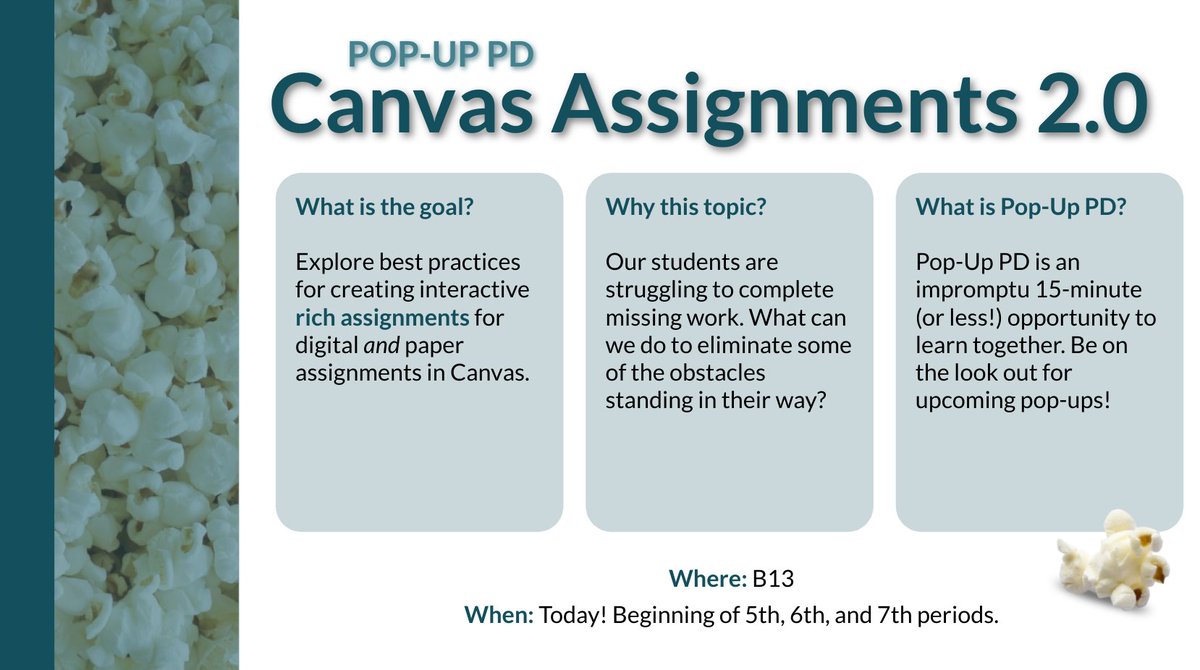 mrsbulman's tweet image. #HowMightWe eliminate some of the obstacles preventing students from completing their work? Join me in B13 today to learn more! #PopUpPD #edtech #educoach #CanvasLMS