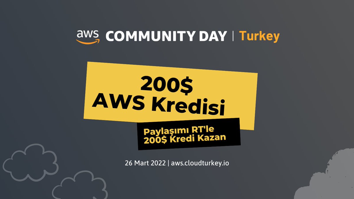 200$'lık AWS Kredisi kazanma fırsatı! Bu paylaşımı Cuma günü saat 17:00'ye kadar RT eden bir kişiye 200$ AWS Kredisi hediye ediyoruz!

AWS Community Day Turkey 2022 için,

Detaylar: aws.cloudturkey.io
Kayıt: kommunity.com/cloud-turkey/e…
