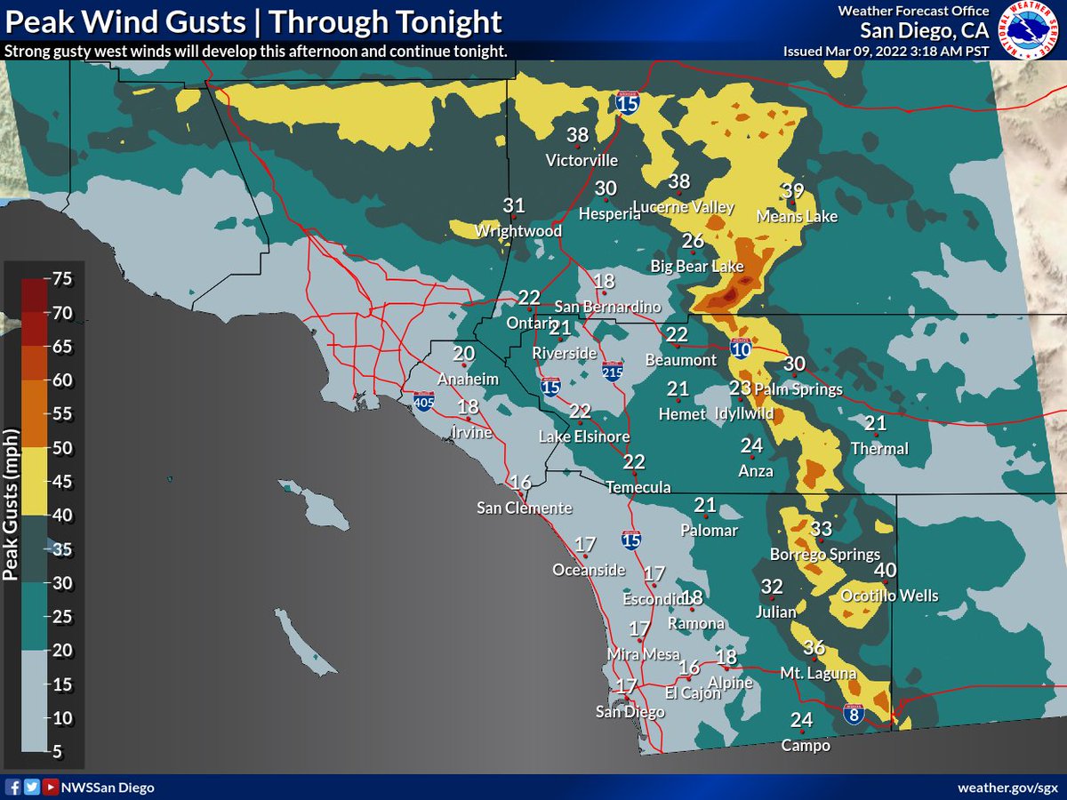 NWSSanDiego's tweet photo. Winds will be the biggest weather story today and Thursday. Onshore winds will pick up today and offshore winds will take over Thursday. Here are the maps showing peak gusts each day. https://t.co/Ot9iRF1A19