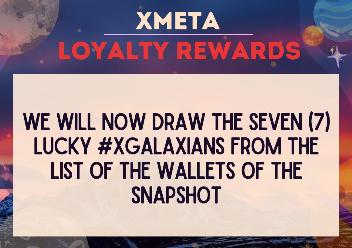 📢 Let's make this happen, folks! <a href="/XGalaxiesNFTs/">XMETA on Bitrue for XGalaxiesNFTs</a> February Loyalty Rewards Program has an additional giveaway to all supporters! 

We will now draw the 7 #XGalaxians who will win 25K XMETA! 

Let's get it on! 

#XMETEVersal #XMETAVerse #XRP