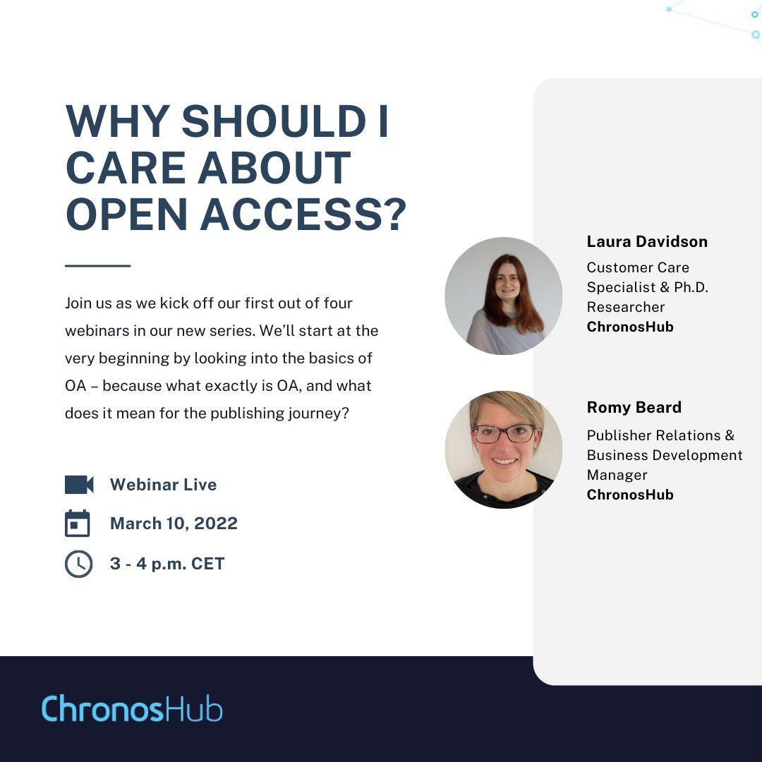 Accucoms (@accucoms) on Twitter photo Don’t forget to get yourself a spot for <a href="/ChronosHub/">ChronosHub</a>’s first part of their #researcher-centric webinar series.
Join us as we dive into the world of #OpenAccess – what does it cover, and what it means for your #publishing journey?
Sign up here: us02web.zoom.us/webinar/regist… Don’t forget to get yourself a spot for <a href="/ChronosHub/">ChronosHub</a>’s first part of their #researcher-centric webinar series.
Join us as we dive into the world of #OpenAccess – what does it cover, and what it means for your #publishing journey?
Sign up here: us02web.zoom.us/webinar/regist…