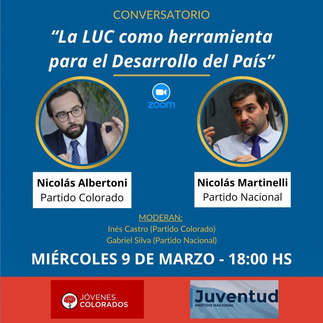 daroHC's tweet photo. 🔊 Conversatorio "La LUC como herramienta para el Desarrollo del País"
📆 Miércoles 9 de Marzo.
🕰 18.00 hs.
🗣 @N_Albertoni (@PartidoColorado) 
🗣 @Ni_Martinelli (@PNACIONAL)
📲 Via Zoom https://t.co/JHPmJtYfn0