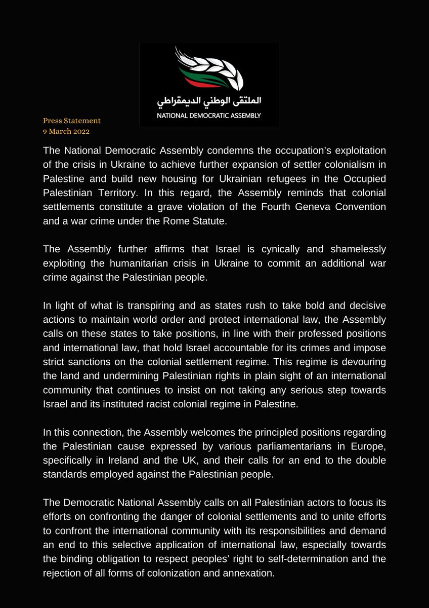 NdaPalestine's tweet photo. We condemn the occupation’s cynical and shameless exploitation of the humanitarian crisis in Ukraine to commit an additional #warcrime against the #Palestinian people &amp; welcome principled positions by various parliamentarians in Europe rejecting double standards on Palestine. https://t.co/cNqiAprCuc
