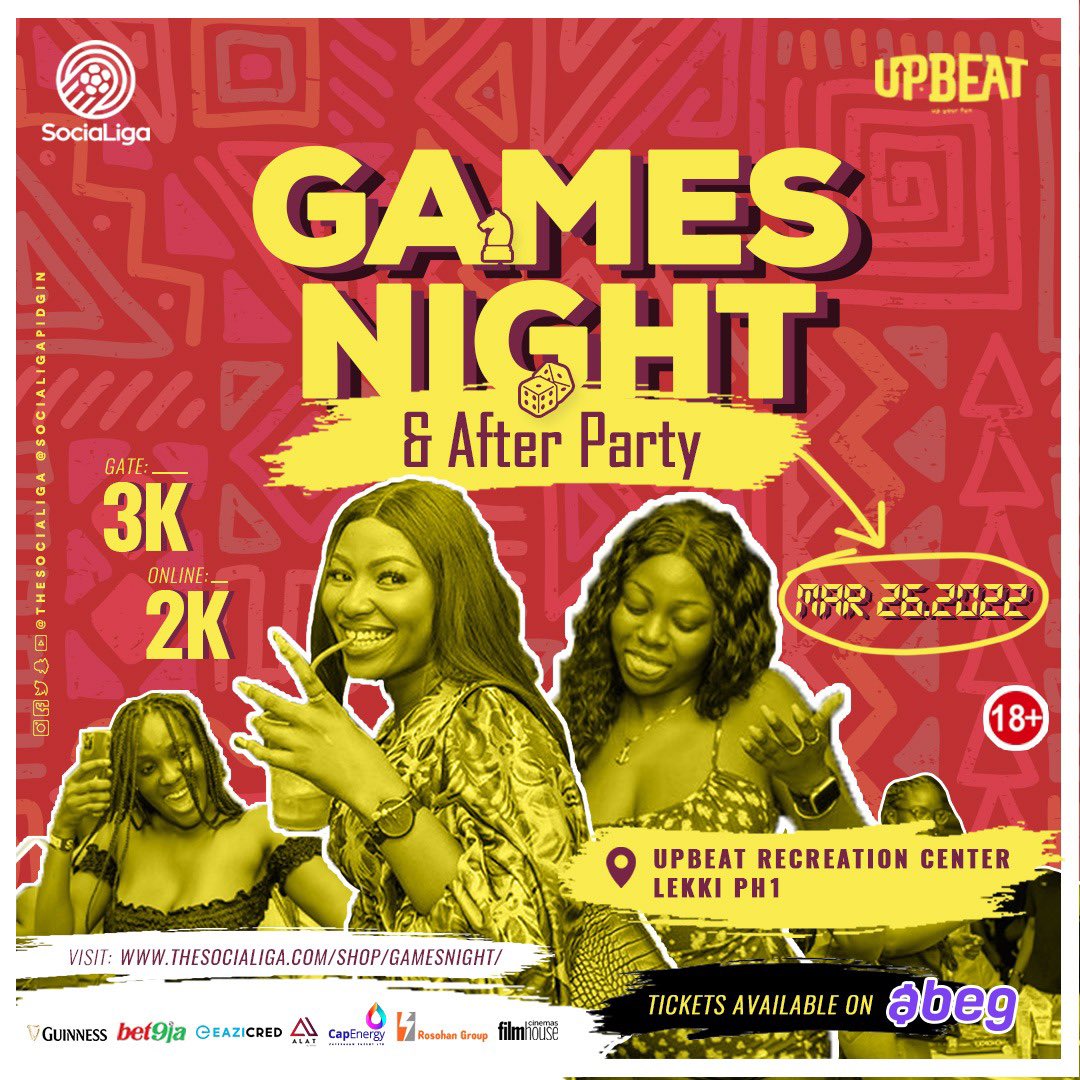 TheSociaLiga's tweet photo. The SociaLiga Games Night March Edition is going to be a cracker &amp; We have a lot of games and other fun activities planned for your enjoyment. 

Date is March 26 and Location is Upbeat, Lagos.

Get tickets now on https://t.co/Pw4vd7EezX

#SociaLigaGamesNight #PeopleOfSociaLiga https://t.co/hYkpv6JWaM