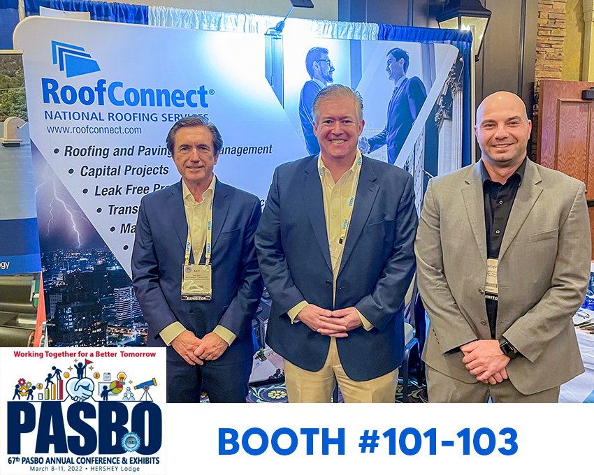 roofconnect's tweet photo. The RoofConnect Team is Hershey, PA for the PASBO Annual Conference! Ken Beck and Kris Costas are joined by Keith McDevitt of Equalis Group! Stop by and see us in booth 101 - 103 to discuss your cooperative purchasing needs! #PASBO #roofconnect #cooperativepurchsing https://t.co/EaAZRHtxGx