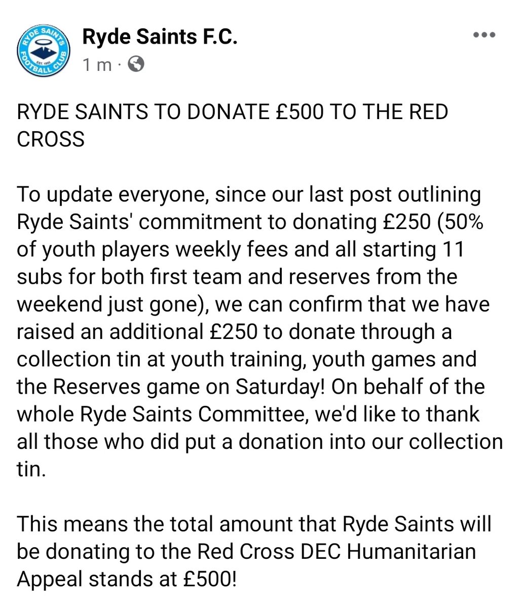 RydeSaintsFC's tweet photo. RYDE SAINTS TO DONATE £500 TO THE RED CROSS UKRAINE HUMANITARIAN APPEAL. https://t.co/tP4hEocRll