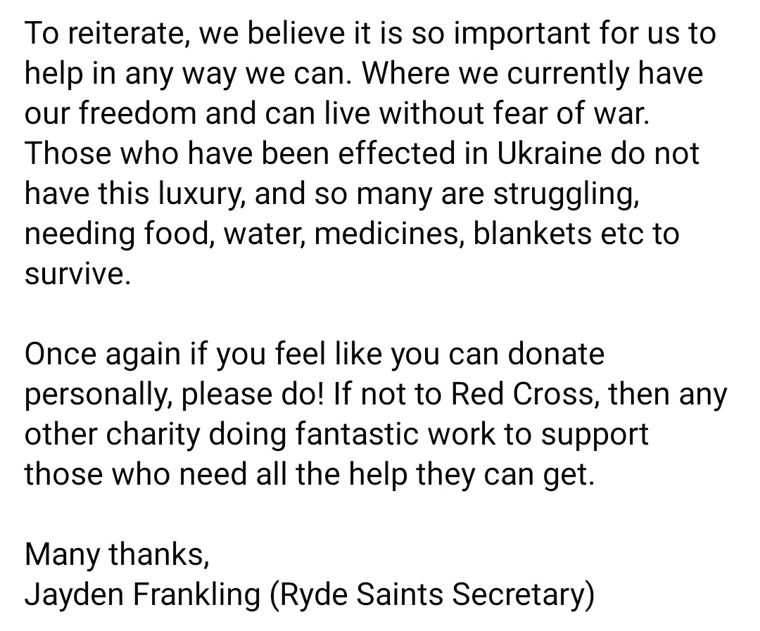 RYDE SAINTS TO DONATE £500 TO THE RED CROSS UKRAINE HUMANITARIAN APPEAL.