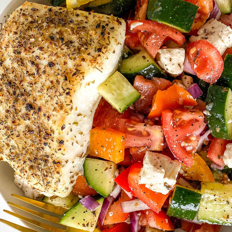 Alaska_Seafood's tweet photo. With hints of citrus and a colorful Greek veggie salad, this Mediterranean style #AlaskaHalibut will be your go-to nutritious and flavorful dish. https://t.co/wfRqDTVhYc