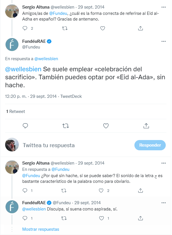 dbg974's tweet photo. Buenas tardes, @Fundeu Me surge una duda respecto a «Eid al-Ada» y «Aíd al Fitr», dos festividadaes musulmanas. ¿No debería ser «Eid» o «Aíd» para ambas, ya que significa lo mismo en árabe? Adjunto imágenes donde recomendáis estas escrituras. ¡Muchas gracias de antemano!😊 https://t.co/tn543R7xvM