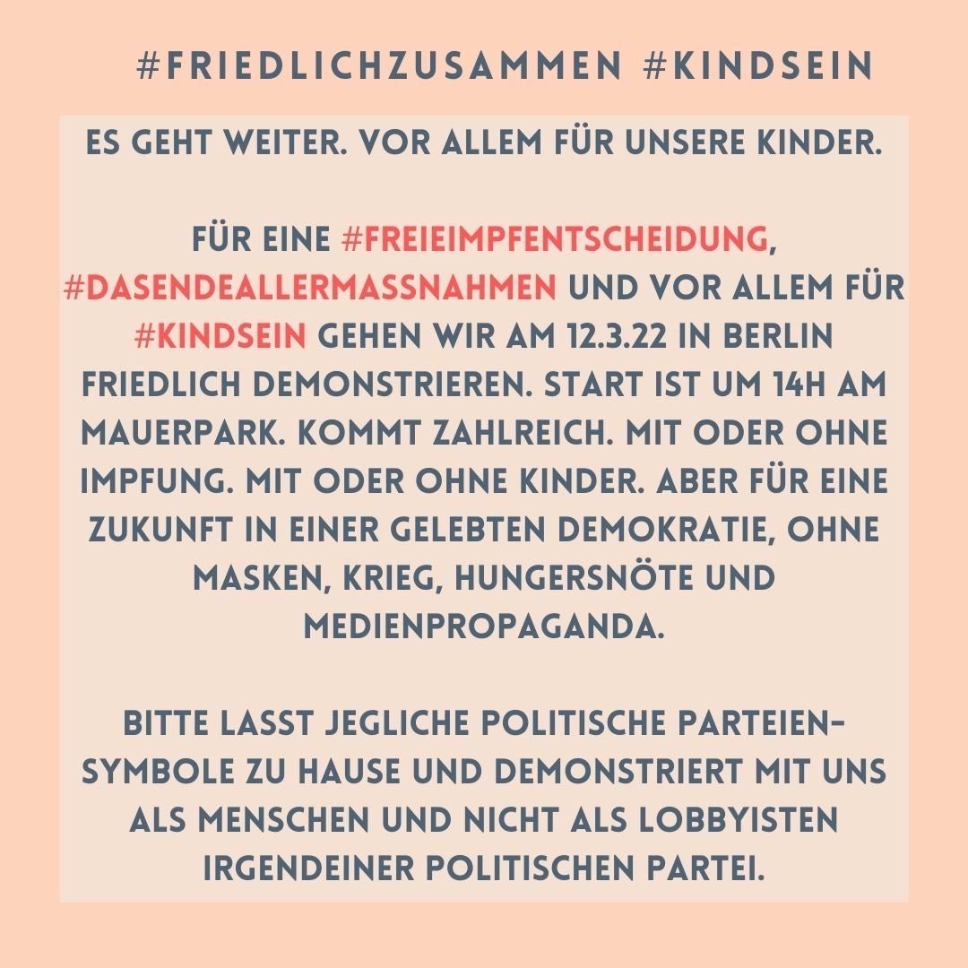 lawracks's tweet image. Wir müssen jetzt weitermachen! #friedlichzusammen am Samstag 12.03.2022 in #Berln um 14:00 im #Mauerpark gg die #Impfpflicht 
Bitte teilen! und evtl. kommen Sie auch? 
Wir würden uns sehr freuen!