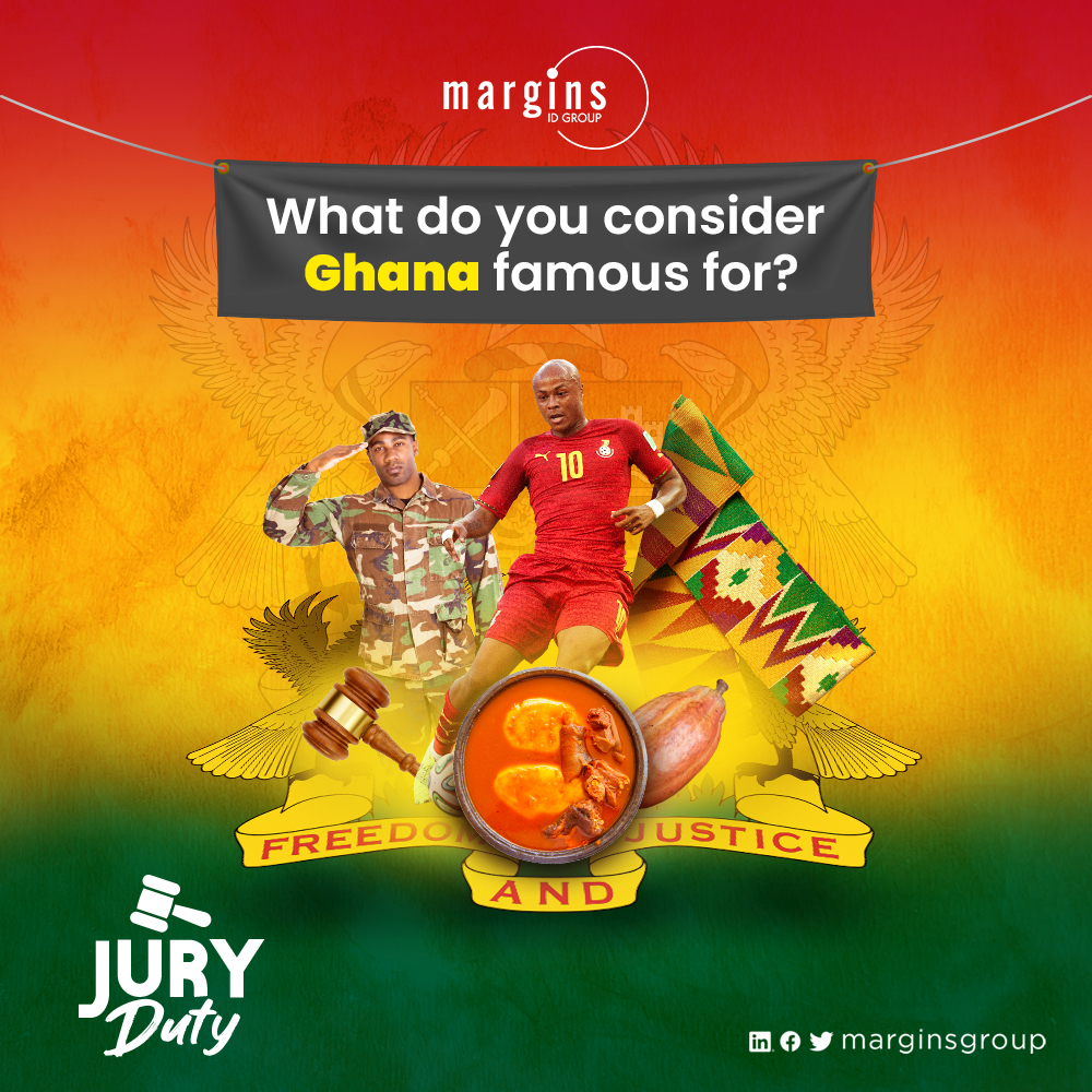 MarginsGroup's tweet photo. Ghana is best identified as a leading producer of cocoa, but Ghana is more than just that! 
What else is Ghana famous for?

#JuryDuty #MarginsGroup #GhanaMonth #March2022 https://t.co/jhoz6rhrND