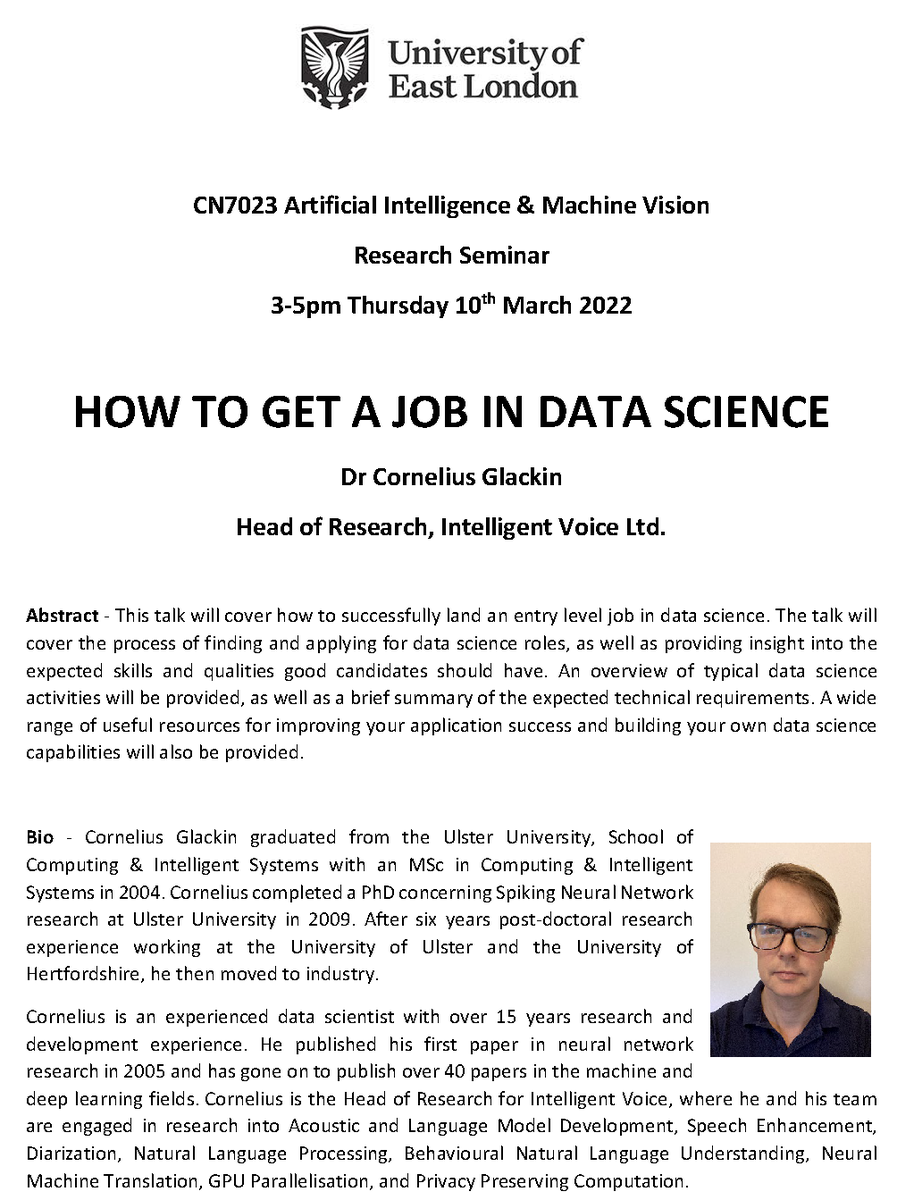 Julie Wall (@juliewalluwl) on Twitter photo Looking forward to our guest speaker, Dr <a href="/neil_glackin/">Cornelius Glackin</a>, Head of Research at Intelligent Voice, who will be coming to speak to our <a href="/UEL_Computing/">Computing at UEL</a> students tomorrow about how to get a job in data science.
#DataScience #Careers #graduate Looking forward to our guest speaker, Dr <a href="/neil_glackin/">Cornelius Glackin</a>, Head of Research at Intelligent Voice, who will be coming to speak to our <a href="/UEL_Computing/">Computing at UEL</a> students tomorrow about how to get a job in data science.
#DataScience #Careers #graduate