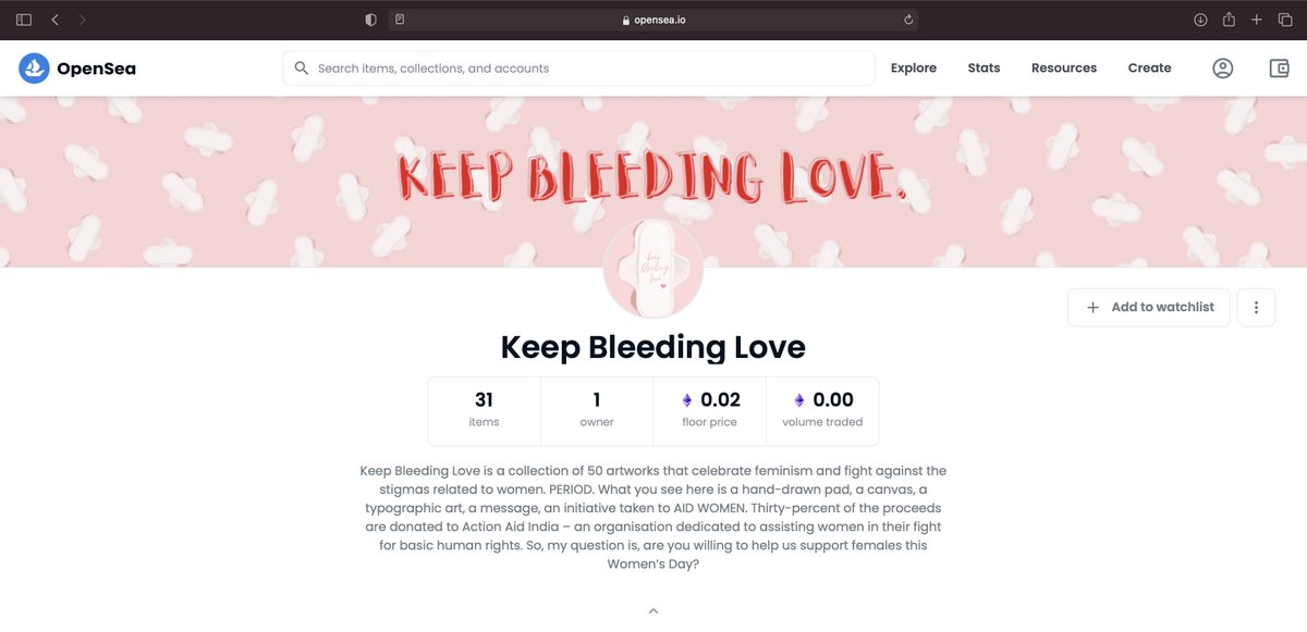 mintedonmonday's tweet photo. How many feminists and women NFT artists out there? 

We have finally listed our collection " Keep Bleeding Love" on opensea! Its a collection of 50 hand-drawn artworks.

Have you checked it out yet? Please comment your feedbacks! We would love to know what you guys think :) https://t.co/InlwSbNgxI