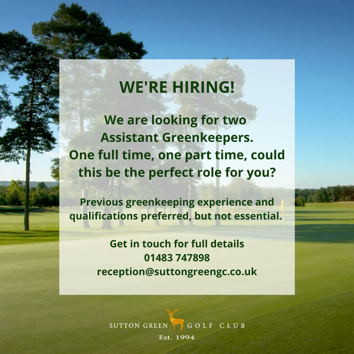 GOLF JOBS We have TWO Greenkeeper opportunities at the Club. We are looking for both full-time &amp; part-time Assistant Greenkeepers to keep our course in tip-top condition. Hit the link to find out more &amp; apply #golfjobs #surreyjobs #greenkeeperjobs buff.ly/2pL8NJd