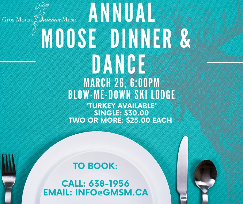 CamberArts's tweet photo. GMSM's Annual Moose Dinner &amp; Dance is back in action, March 26 at the Blow-Me-Down Ski Lodge! Servings are limited this year, so be sure to book in advance. There will be a turkey option available. Every table includes a selection of homemade squares and desserts! https://t.co/GqIPUFJh07