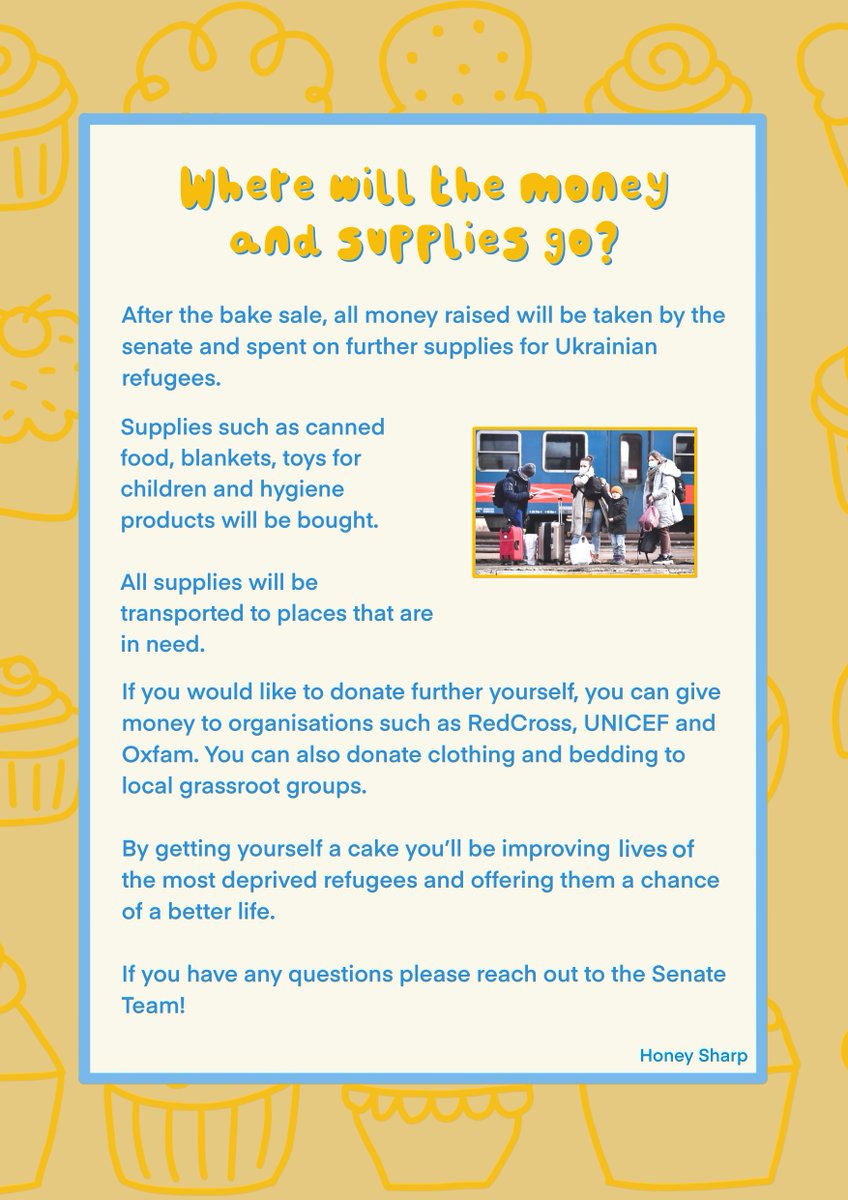 Coombe Dean community - come along to the Bake Sale this Friday in aid of the war in Ukraine! 🆘

The #BakeSale will be at the Post 16 centre, at the top or the quad, with money for purchases and donations accepted! 🍰

Thank you 🙏

#PrayingForUkraine #IStandWithUkraine️