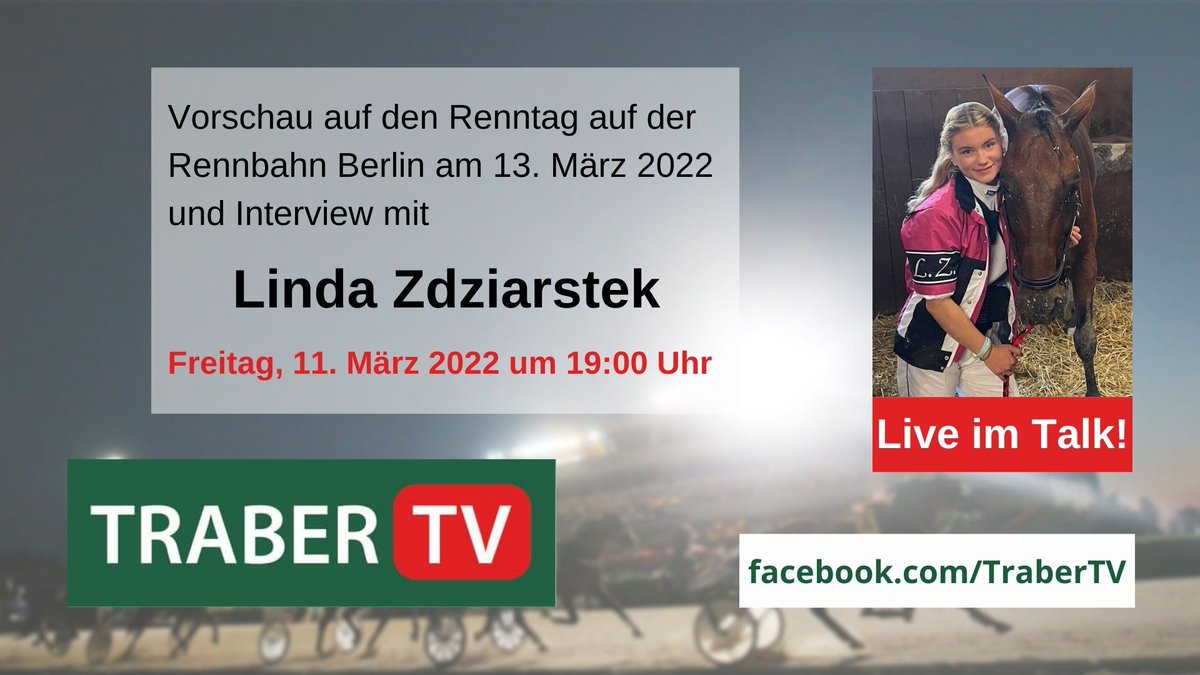 Der <a href="/pmu/">PMU</a>-renntag am kommenden Sonntag wird auf der <a href="/BerlinRennbahn/">Rennbahn Berlin Mariendorf</a> ausgetragen.

Vorab freuen wir uns bei <a href="/Traber_TV/">TraberTV</a>, <a href="/linda21zdz/">Linda Zdziarstek</a> live zu einem Interview begrüßen zu dürfen - am Freitag ab 19:00 Uhr.

#TraberTV #Berlin