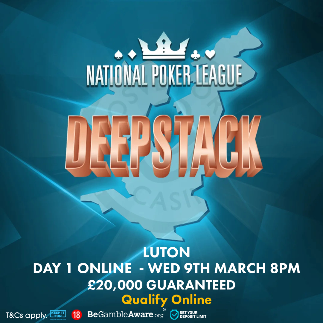 GrosvenorPoker's tweet photo. The Luton Deepstack Online Day takes place tonight on https://t.co/6h6ijsJTuc at 8pm.
🔸 £175+£25 Buy In 🔸
🔸 50,000 starting stack 🔸
🔸 15 minute clock 🔸
🔸 Late reg open through 12 levels of play 🔸
Can't make a live day one? We have you covered on https://t.co/6h6ijsJTuc https://t.co/FdQaqyymAS